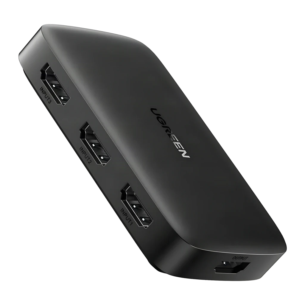 Ugreen Switch HDMI CM332 3em1 4K 30Hz preto, vista lateral: 3 portas INPUT e 1 OUTPUT visíveis