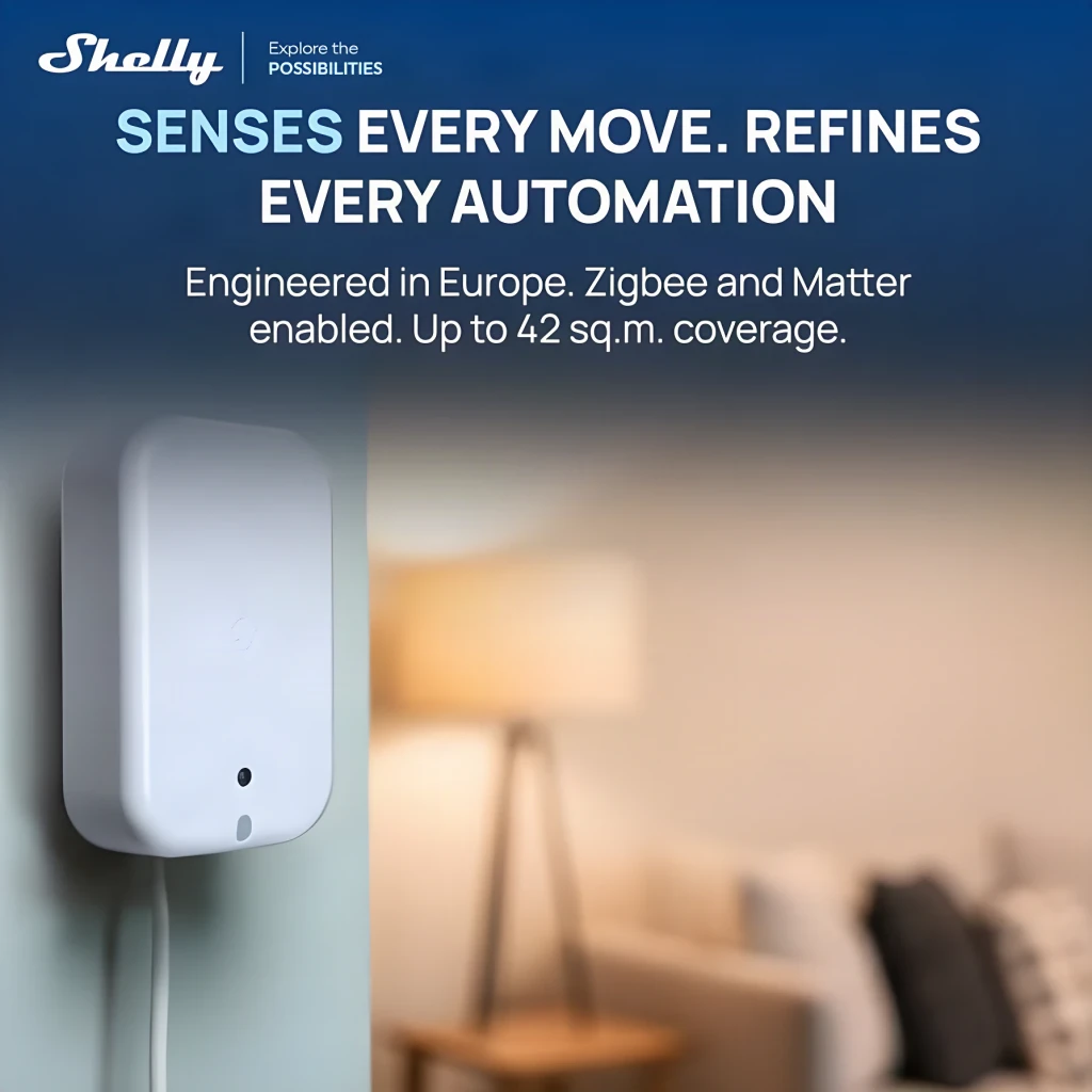 Sensor de presença Shelly Presence Gen4 Branco Matter Wi-Fi USB-C 5V, vista lateral: montado na parede com cabo USB-C