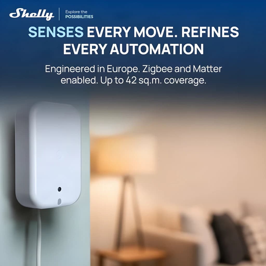 Sensor de presença Shelly Presence Gen4 Branco Matter Wi-Fi USB-C 5V, vista lateral: montado na parede com cabo USB-C