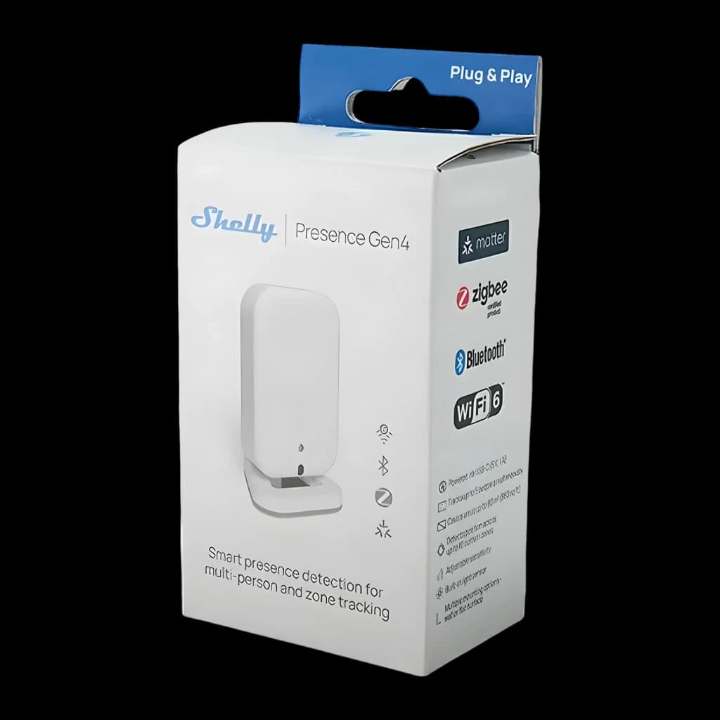 Sensor de presença Shelly Presence Gen4 Branco Matter Wi-Fi USB-C 5V, caixa: embalagem frontal e lateral com logos Matter