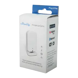 Sensor de presença Shelly Presence Gen4 Branco Matter Wi-Fi USB-C 5V, caixa: embalagem frontal e lateral com logos Matter