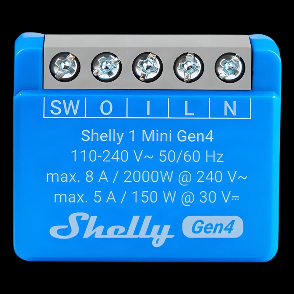 Module relais bleu Shelly 1 Mini Gen4 avec borniers étiquetés SW O I L N, vis apparentes, marquages 110–240 V 50/60 Hz, 8 A/2000 W et protection contre la