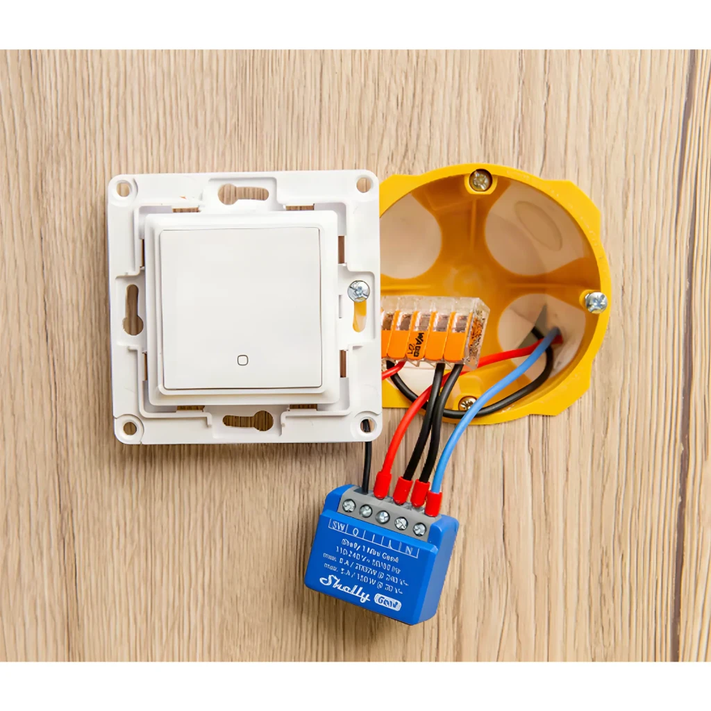 Relais intelligent Shelly 1 Mini Gen4 Bleu WiFi 6 · Zigbee · Bluetooth 5.0, installation: module bleu câblé dans boîte