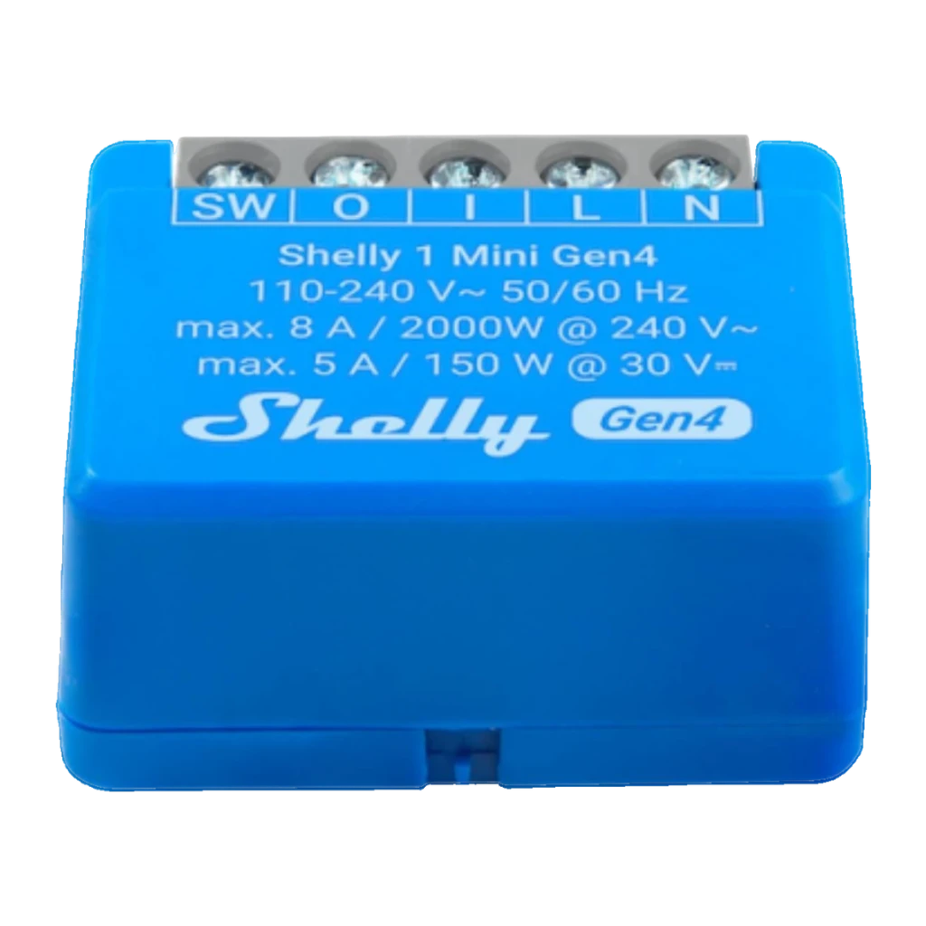 Relais intelligent Shelly 1 Mini Gen4 Bleu WiFi 6 · Zigbee · Bluetooth 5.0, vue avant: bornes SW O I L N et spécifications