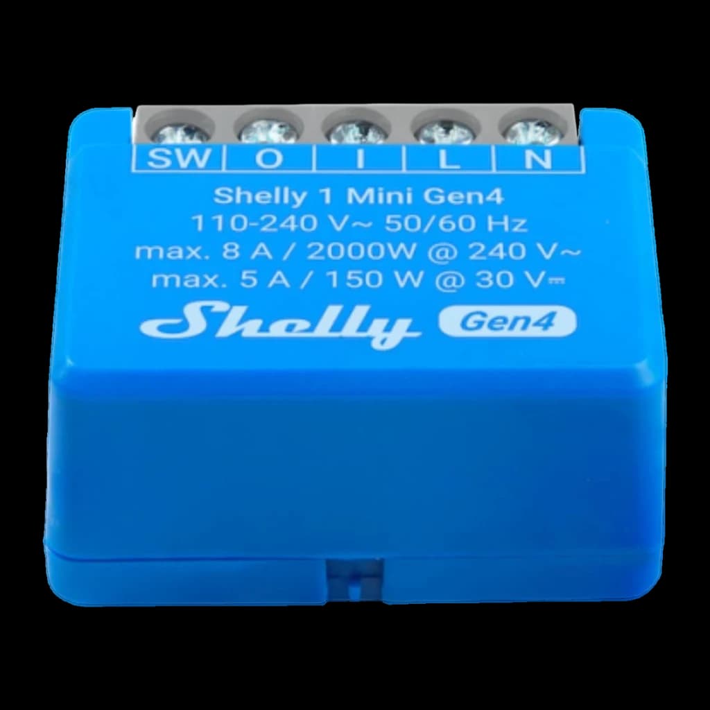Relais intelligent Shelly 1 Mini Gen4 Bleu WiFi 6 · Zigbee · Bluetooth 5.0, vue avant: bornes SW O I L N et spécifications