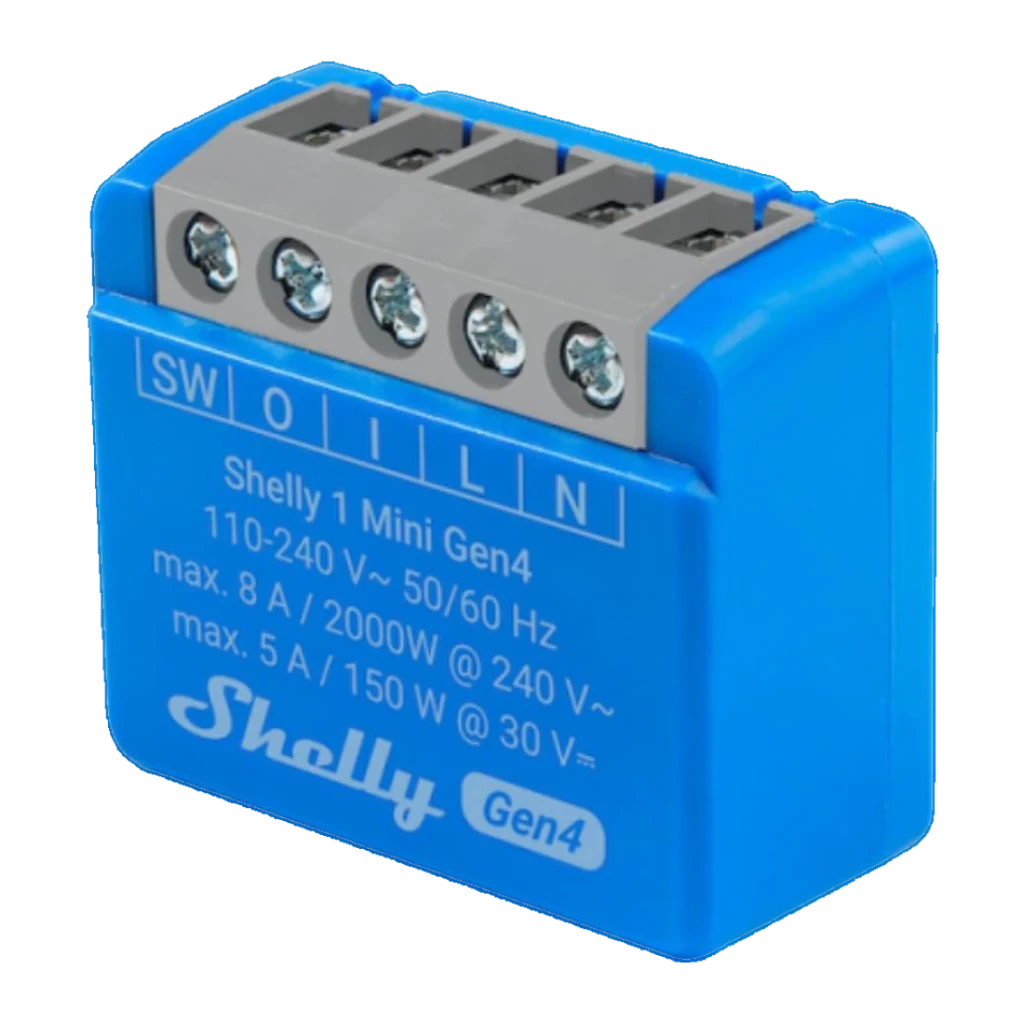 Relais intelligent Shelly 1 Mini Gen4 Bleu WiFi 6 · Zigbee · Bluetooth 5.0, vue latérale: borniers SW O I L N