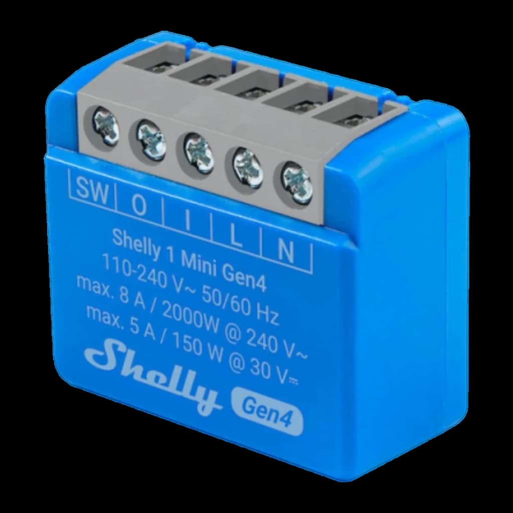 Relais intelligent Shelly 1 Mini Gen4 Bleu WiFi 6 · Zigbee · Bluetooth 5.0, vue latérale: borniers SW O I L N