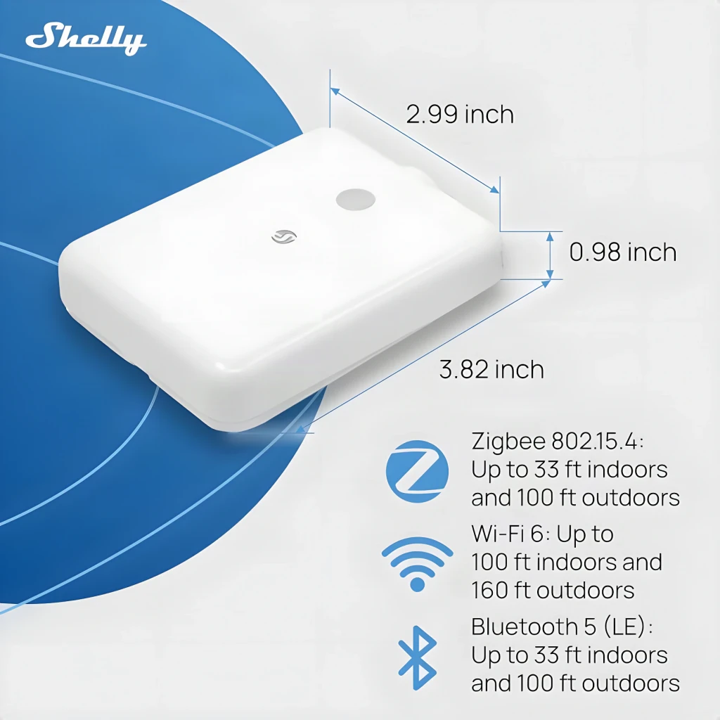 Sensor de Inundação Shelly Flood Gen4 Branco, dimensões: medidas 3.82x2.99x0.98 inch e conectividade Zigbee, Wi-Fi 6