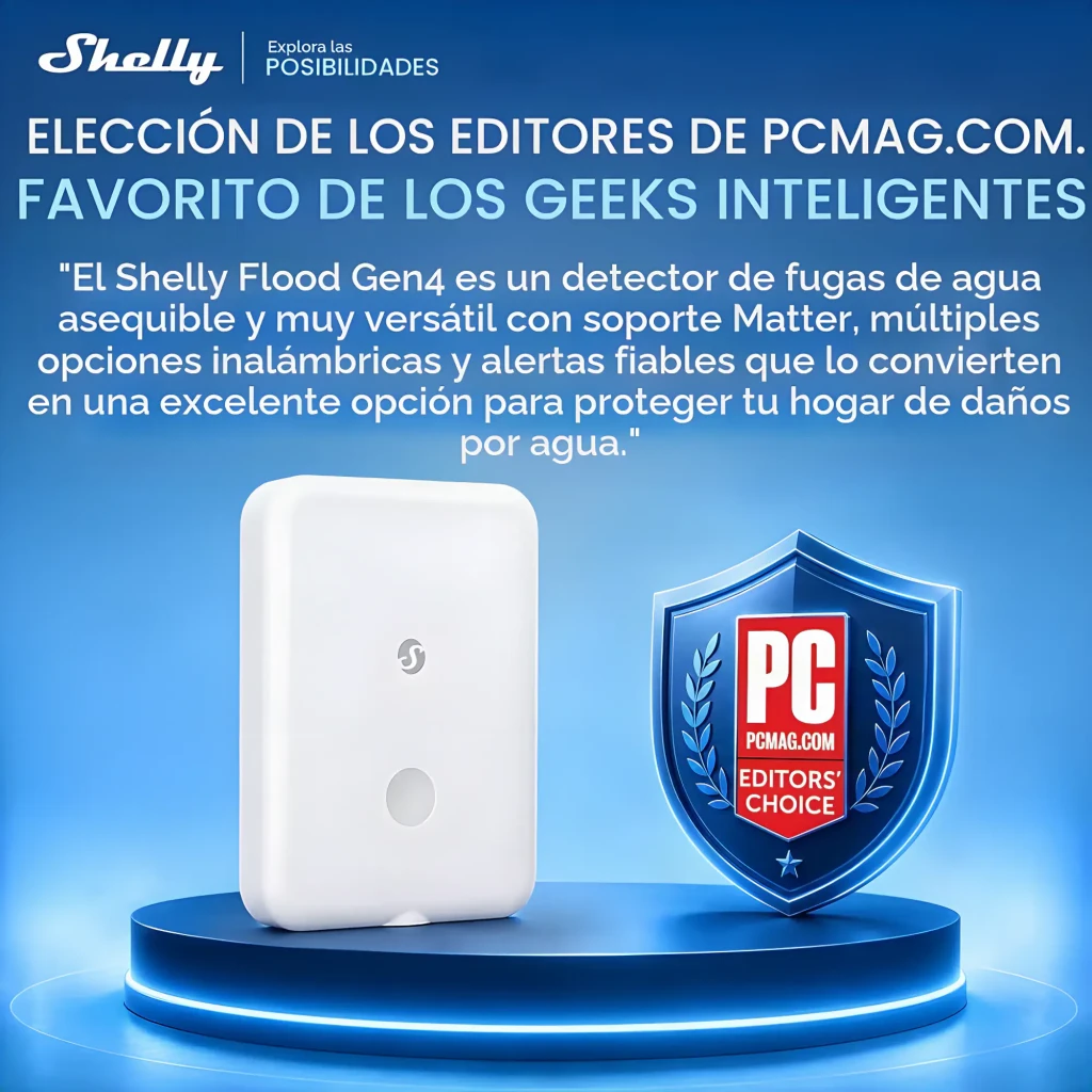 Sensor de Inundação Shelly Flood Gen4 Branco, prémio: selo Editors' Choice da PCMag ao lado do sensor em pedestal azul