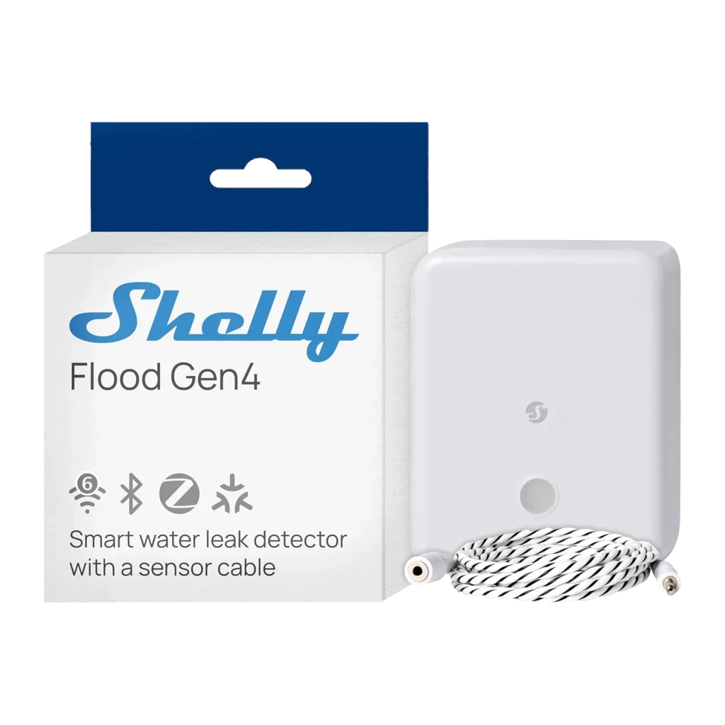 Sensor de Inundação Shelly Flood Gen4 Branco, caixa e dispositivo: embalagem frontal ao lado do sensor branco com cabo