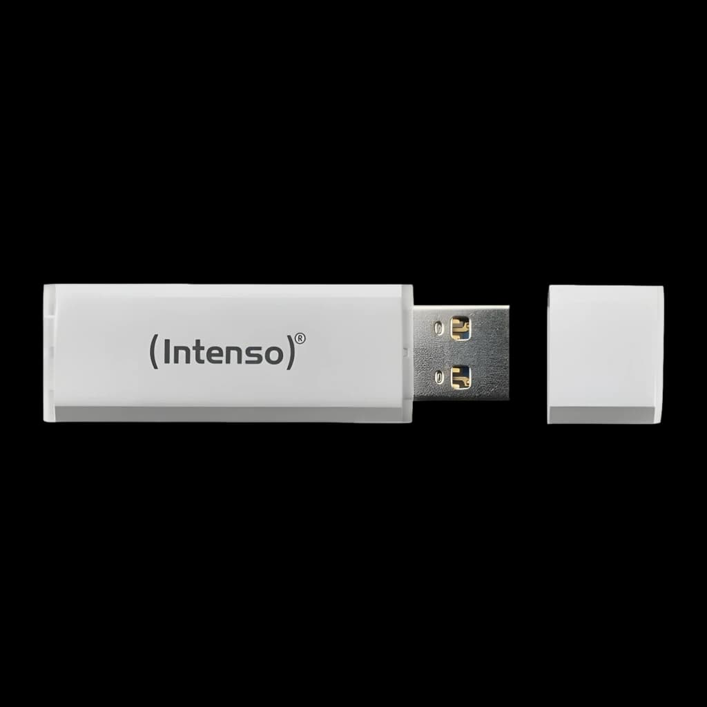 Intenso Alu Line 8GB plata, vista frontal: cuerpo y tapa separados, conector USB 2.0 dorado visible