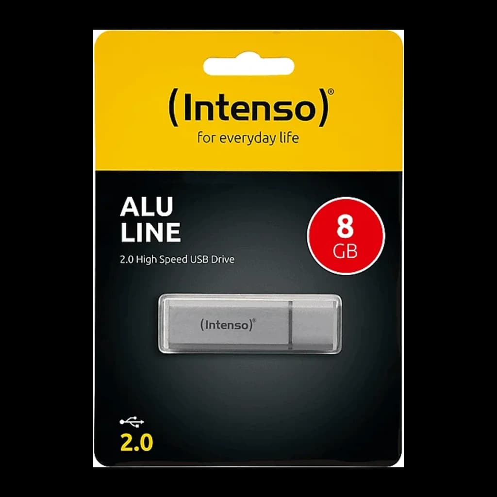 Intenso Alu Line 8GB plata, packaging frontal: blíster con pendrive plateado visible, cabecera amarilla y datos USB 2.0