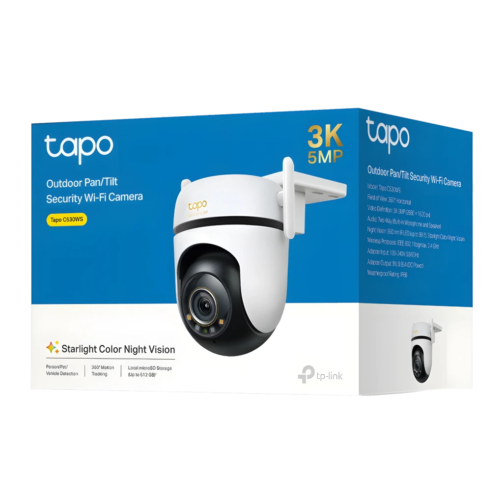 TP-Link Tapo C530WS 512GB Starlight, vista frontal: lente central, módulo de câmeras e suporte de teto visíveis - Item6