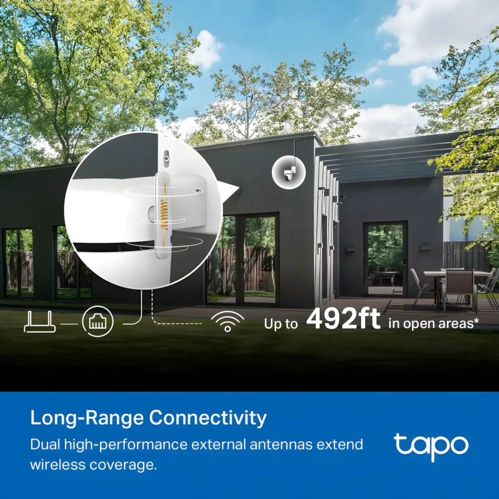TP-Link Tapo C530WS 512GB Starlight, vista frontal: lente central, módulo de câmeras e suporte de teto visíveis - Item9