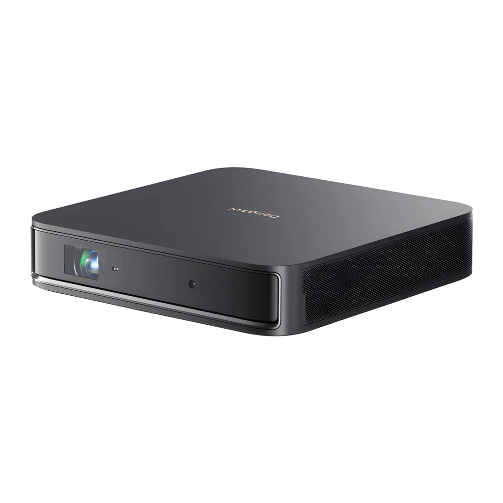 Dangbei Atom Smart 32GB Noir, vue de face en angle: projecteur sur support en Z avec objectif et grille du haut-parleur - Ítem1