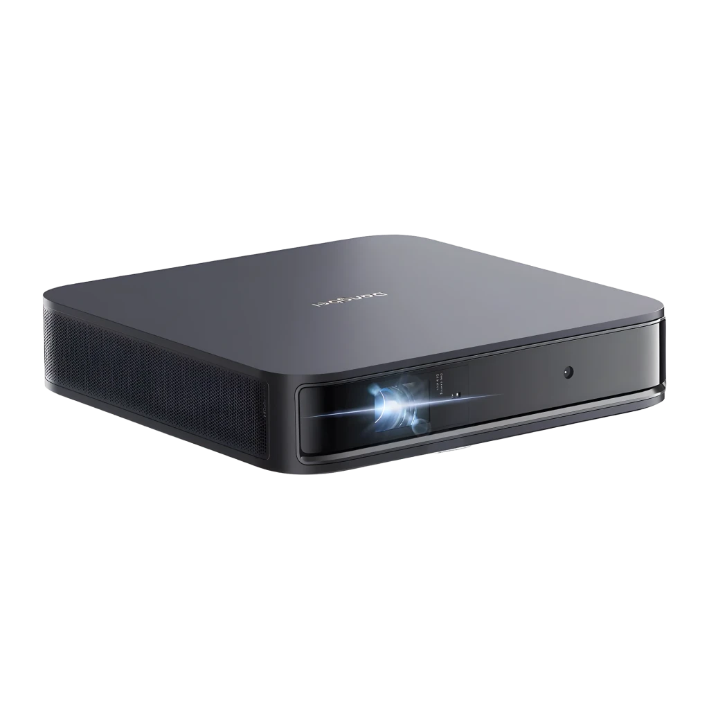 Dangbei Atom Smart 32GB Noir, vue de face en angle: projecteur sur support en Z avec objectif et grille du haut-parleur - Ítem2