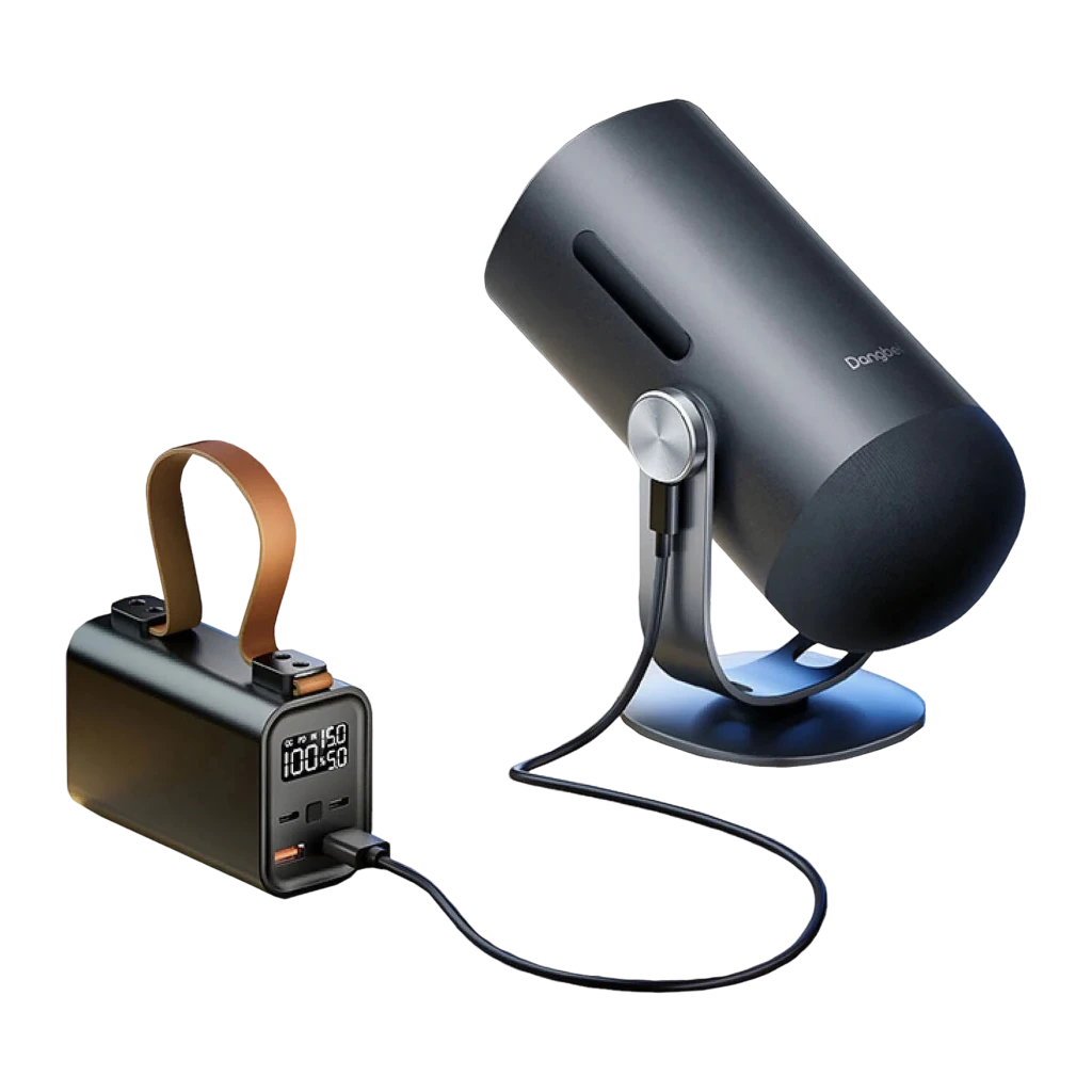 Dangbei Freedo Bundle 16GB noir, vue latérale: projecteur avec objectif allumé, support métallique et powerbank avec écran - Ítem3