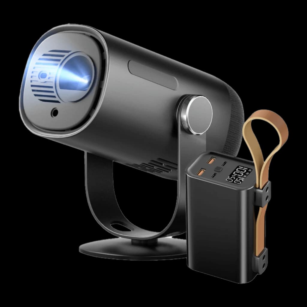Dangbei Freedo Bundle 16GB noir, vue latérale: projecteur avec objectif allumé, support métallique et powerbank avec écran
