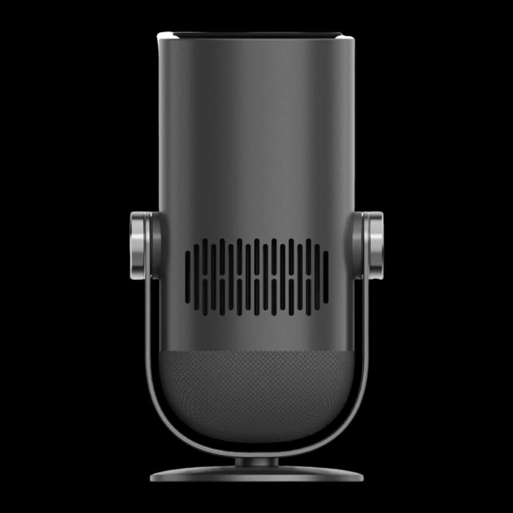 Dangbei Freedo Bundle gris, vue de face: projecteur cylindrique sur support avec grilles de ventilation et charnières