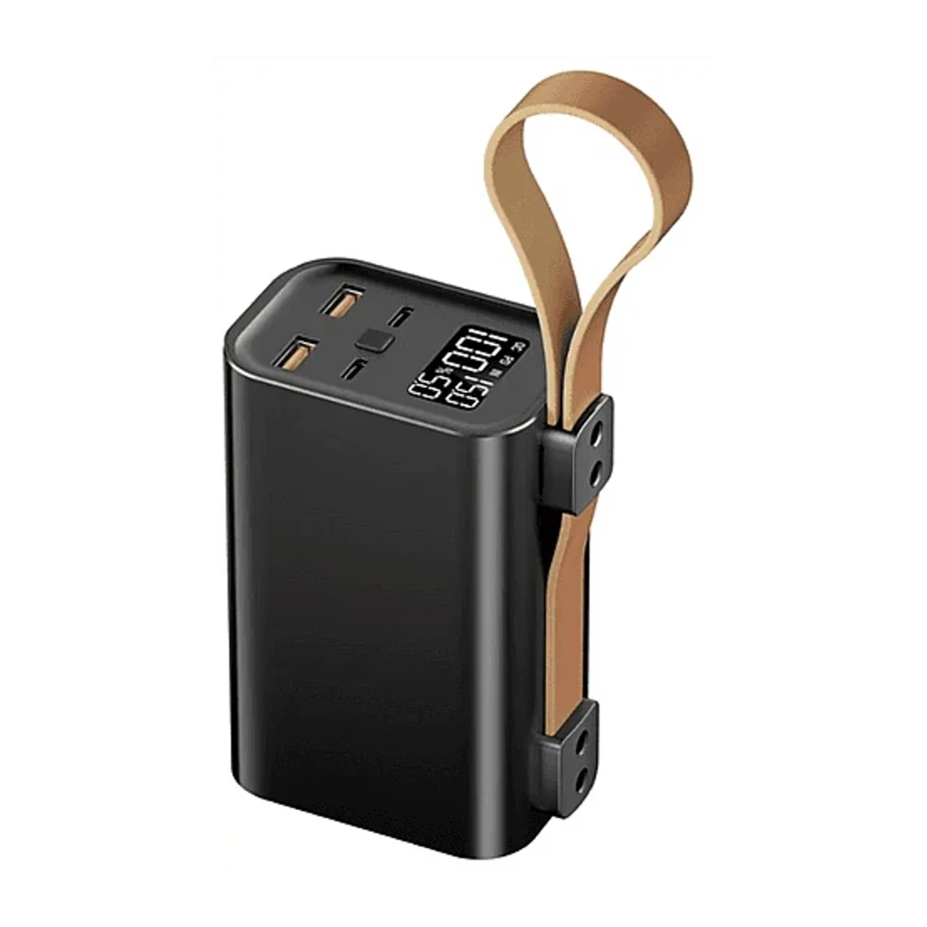 Dangbei Freedo Bundle 16GB noir, vue latérale: projecteur avec objectif allumé, support métallique et powerbank avec écran - Ítem4