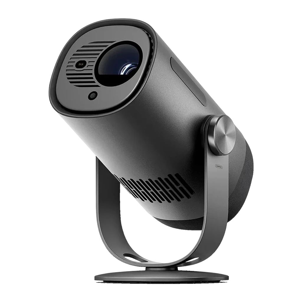 Dangbei Freedo Bundle 16GB noir, vue latérale: projecteur avec objectif allumé, support métallique et powerbank avec écran - Ítem1