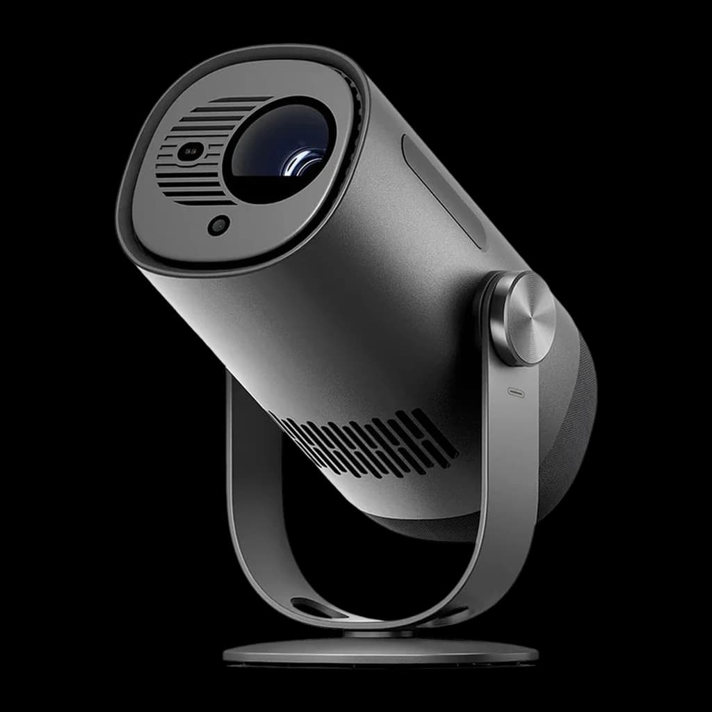 Dangbei Freedo Bundle noir, vue latérale-avant: objectif, grille de ventilation et support rotatif métallique