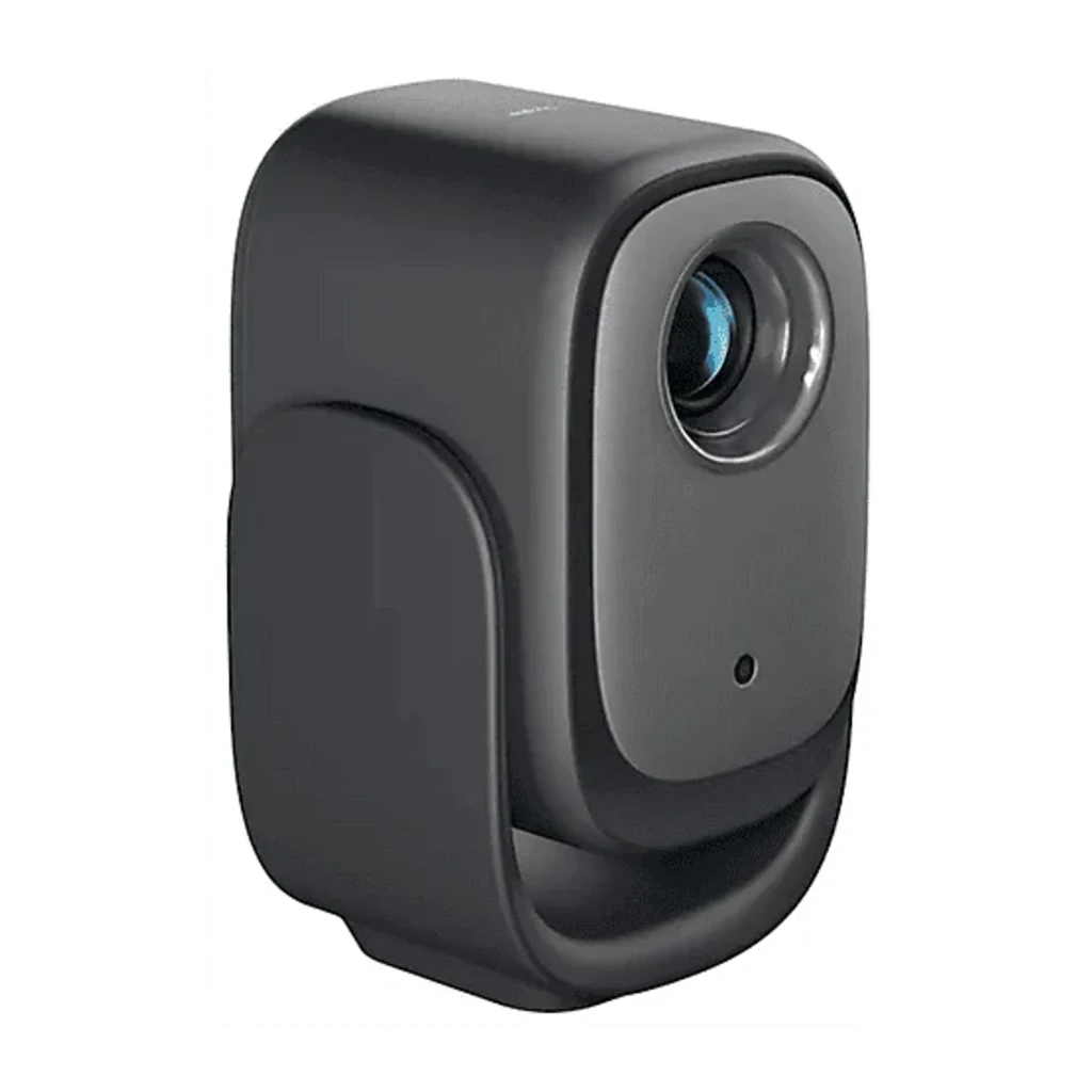 Dangbei Projecteur N2 Mini 8GB Gris, vue de face en angle: objectif allumé avec faisceau bleu et corps bicolore - Ítem2