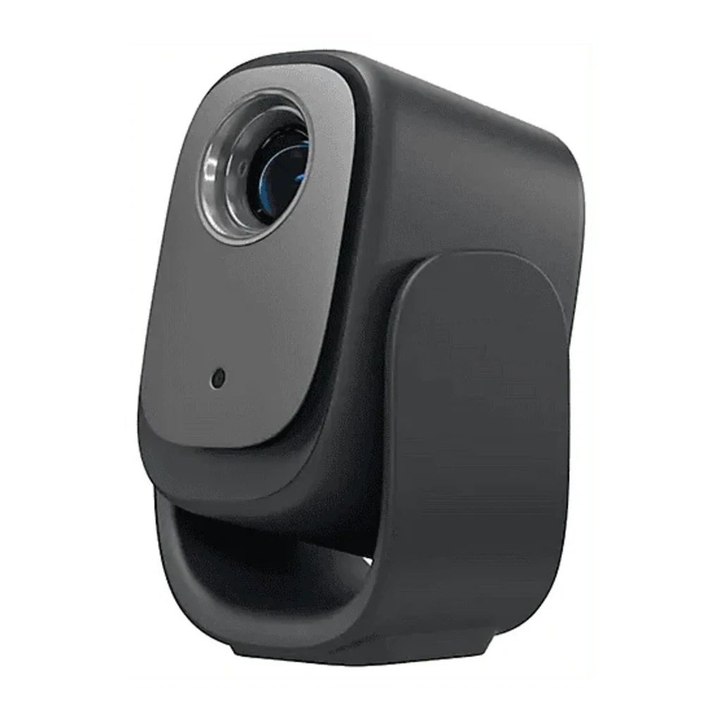 Dangbei Projecteur N2 Mini 8GB Gris, vue de face en angle: objectif allumé avec faisceau bleu et corps bicolore - Ítem3