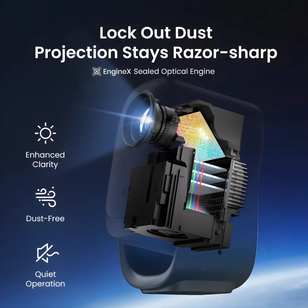 Dangbei Projecteur N2 Mini 8GB Gris, vue de face en angle: objectif allumé avec faisceau bleu et corps bicolore - Ítem5