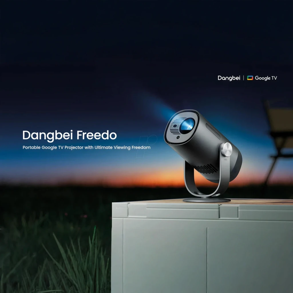Dangbei Freedo 16GB gris, vue latérale: objectif avec faisceau lumineux bleu, support rotatif et grille haut-parleur - Ítem3