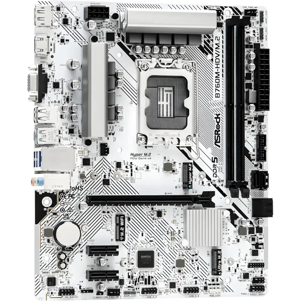 ASRock B760M-HDV/M.2 128GB branca, vista frontal com caixa: placa mATX branca e embalagem sobre fundo preto - Item1