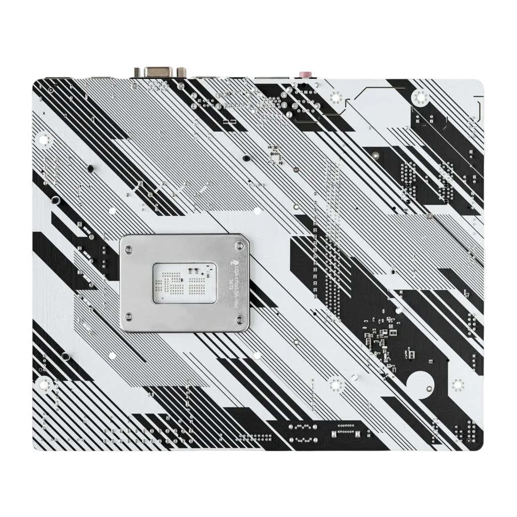 ASRock B760M-HDV/M.2 128GB branca, vista frontal com caixa: placa mATX branca e embalagem sobre fundo preto - Item2
