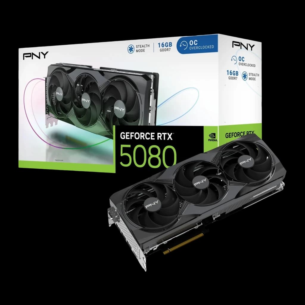 PNY GeForce RTX 5080 16GB negra, tarjeta con caja: packaging 16GB GDDR7 OC con tarjeta gráfica triple fan en primer plano