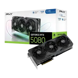 PNY GeForce RTX 5080 16GB negra, tarjeta con caja: packaging 16GB GDDR7 OC con tarjeta gráfica triple fan en primer plano