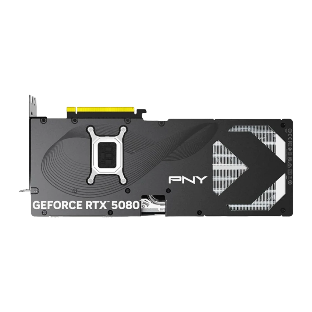 PNY GeForce RTX 5080 16GB negra, tarjeta con caja: packaging 16GB GDDR7 OC con tarjeta gráfica triple fan en primer plano - Ítem2
