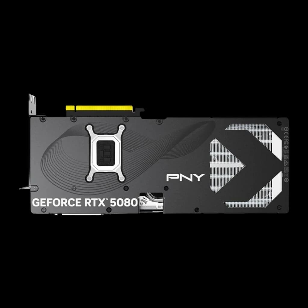 PNY GeForce RTX 5080 16GB negra, vista trasera: backplate con logo GeForce RTX 5080, diseño gráfico y conector dorado