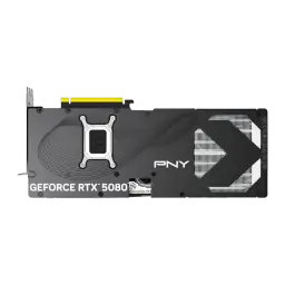 PNY GeForce RTX 5080 16GB negra, vista trasera: backplate con logo GeForce RTX 5080, diseño gráfico y conector dorado
