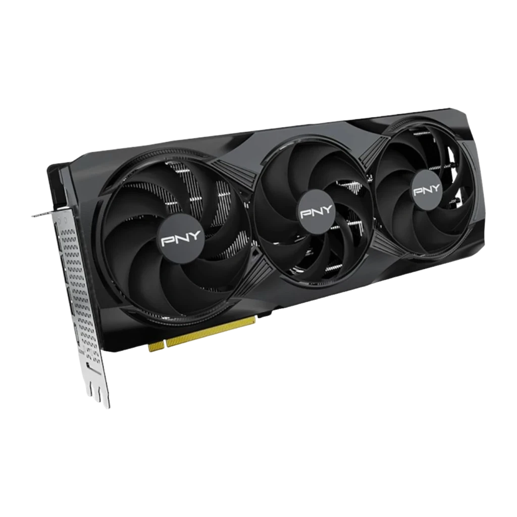 PNY GeForce RTX 5080 16GB negra, tarjeta con caja: packaging 16GB GDDR7 OC con tarjeta gráfica triple fan en primer plano - Ítem1