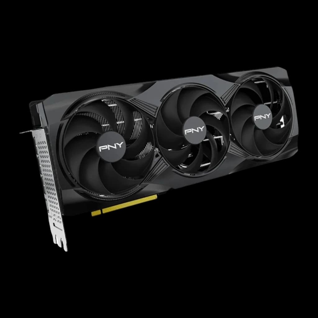PNY GeForce RTX 5080 16GB negra, vista frontal en ángulo: tres ventiladores con logo PNY y conector PCIe dorado