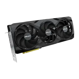 PNY GeForce RTX 5080 16GB negra, vista frontal en ángulo: tres ventiladores con logo PNY y conector PCIe dorado