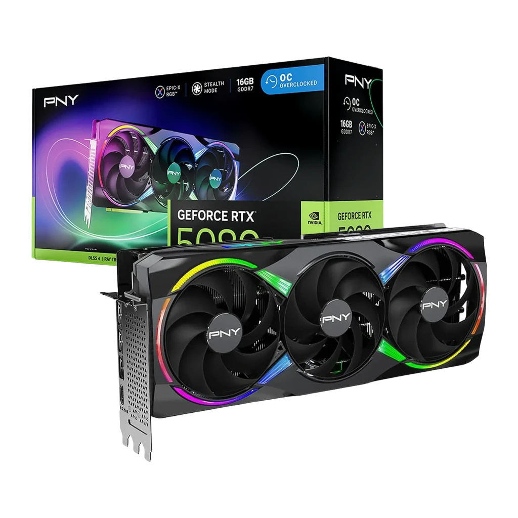 PNY GeForce RTX 5080 ARGB OC 16GB negro, tarjeta y caja: packaging con texto RTX 5080 16GB GDDR7 OC junto a la GPU - Ítem3