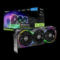 PNY GeForce RTX 5080 ARGB OC 16GB negro, kit con caja: vista en ángulo de la GPU con bracket lateral y caja RTX 5080