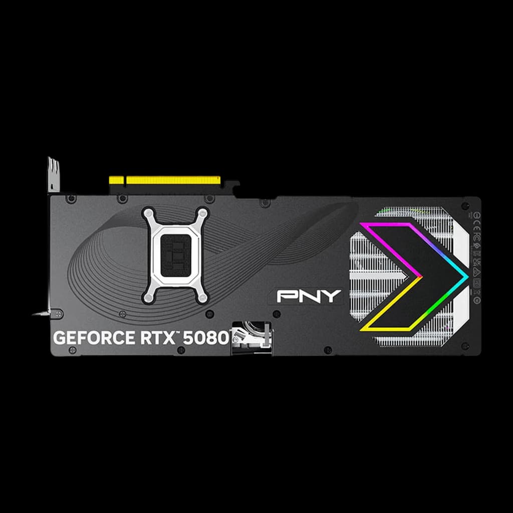 PNY GeForce RTX 5080 ARGB OC 16GB negro, vista trasera: backplate con logo ARGB en flecha, soporte GPU y conector PCIe