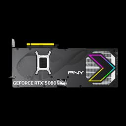 PNY GeForce RTX 5080 ARGB OC 16GB negro, vista trasera: backplate con logo ARGB en flecha, soporte GPU y conector PCIe