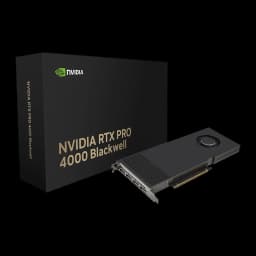 PNY NVIDIA RTX PRO 4000 Blackwell 24GB noir, vue latérale avec boîte: carte graphique et packaging noir avec logo NVIDIA