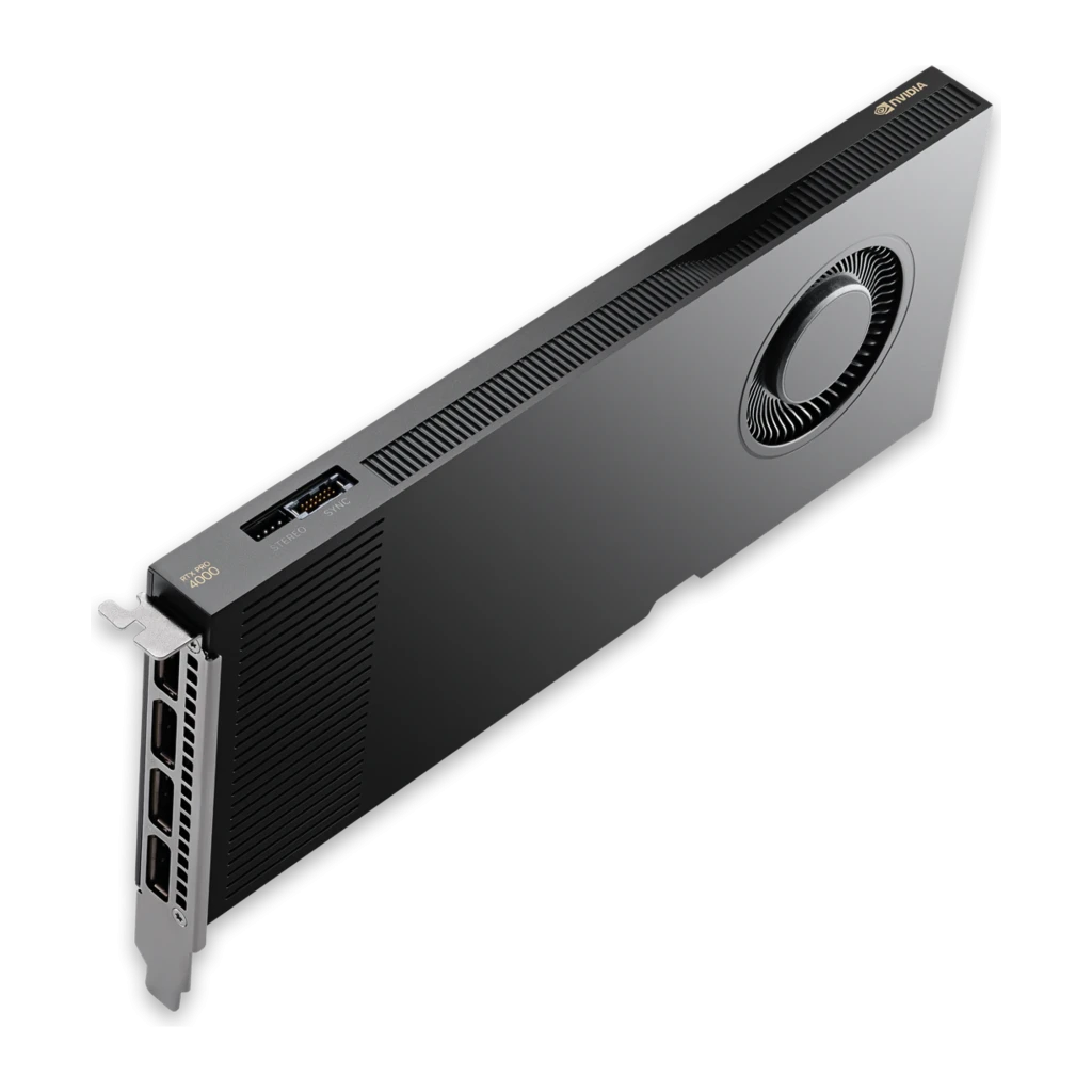 PNY NVIDIA RTX PRO 4000 Blackwell 24GB negro, vista lateral con caja: tarjeta gráfica y packaging negro con logo NVIDIA - Ítem1