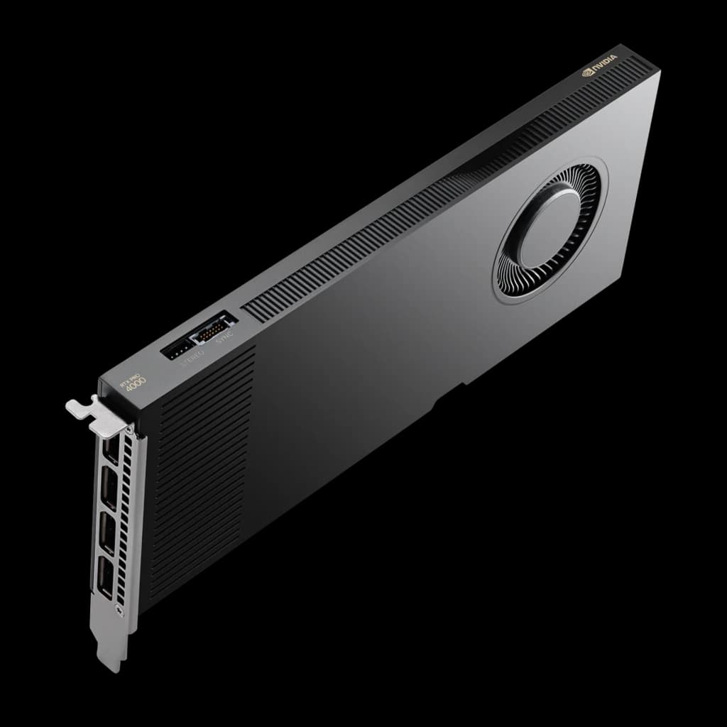 PNY NVIDIA RTX PRO 4000 Blackwell 24GB noir, vue avant en angle: carénage gris, ventilateur central et 4 sorties DisplayPort