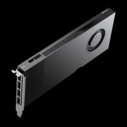 PNY NVIDIA RTX PRO 4000 Blackwell 24GB noir, vue avant en angle: carénage gris, ventilateur central et 4 sorties DisplayPort
