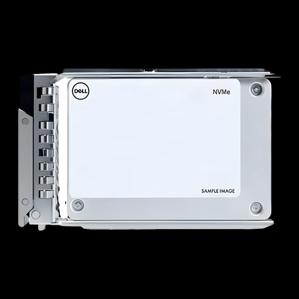 Dell SSD 400-BMTJ 960GB PCIe 4.0 NVMe, vue avant: disque en caddy argenté, étiquette blanche avec logo Dell et texte NVMe