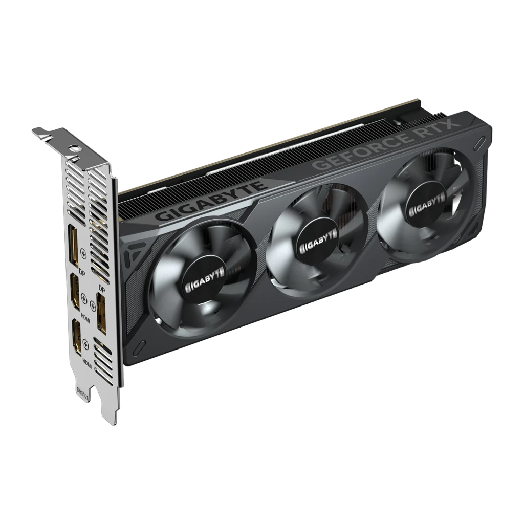GIGABYTE GeForce RTX 5050 OC Low Profile 8GB negro, caja y tarjeta: packaging naranja-negro con doble ventilador y bracket - Ítem3